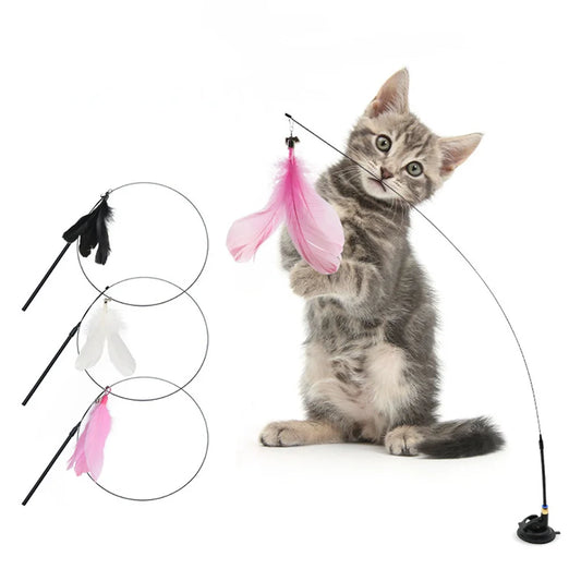 Baguette Interactive pour Chat avec Plumes et Clochette - Jouet Stimulant avec Ventouse