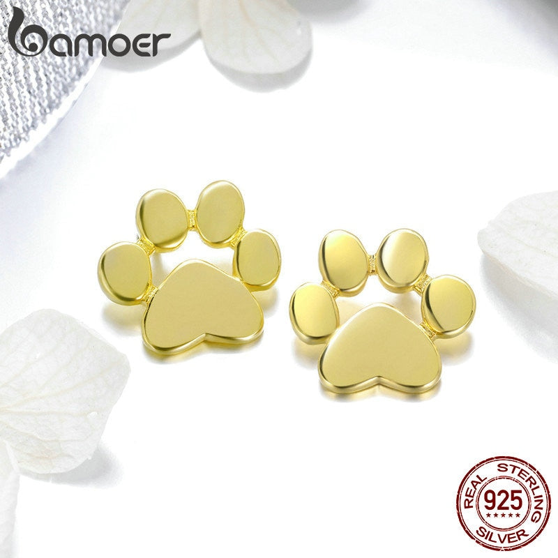 BAMOER Cat Paw Earrrings 925 Sterling Silver Animal Dog Footprints Stud Earrings for Women
