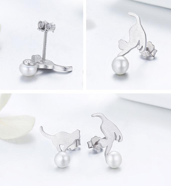 925 Sterling Silver Naughty Cat Play Ball Drop Earrings