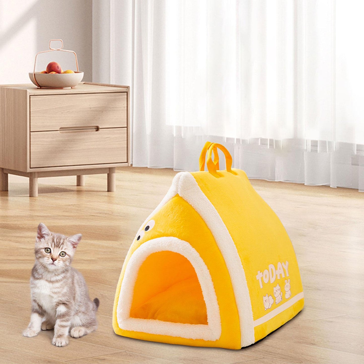 Lit Douillet en Laine d'Agneau pour Chat - Confort Moelleux Toast Brune et Jaune