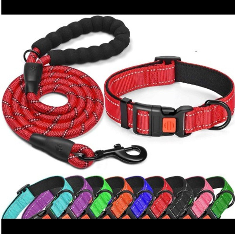 Ensemble collier et laisse pour chien en nylon réfléchissante et réglable