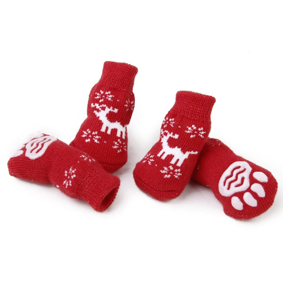 Chaussettes Antidérapantes pour Chien et Chat - Paquet de 8 Motifs Rennes et Flocons