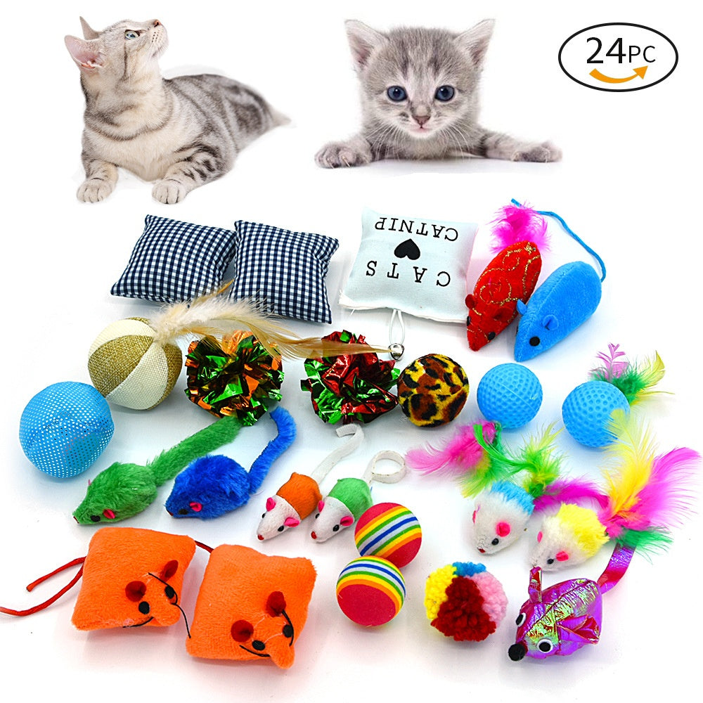 Pet Cat Toy Set Catnip Bag Rainbow Ball Colorful Mouse 24-Piece Toy Set