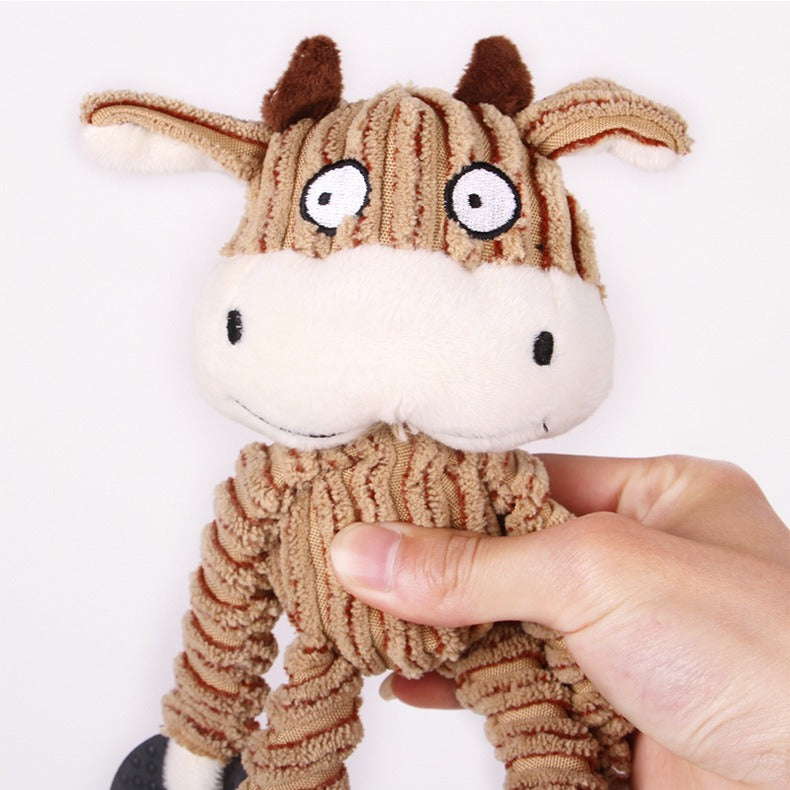 Pet plush relieves stress, is resistant to biting and grinding teeth, produces sound, and is a dog toy that cleans teeth and absorbs odors. Monkey cow shaped toy