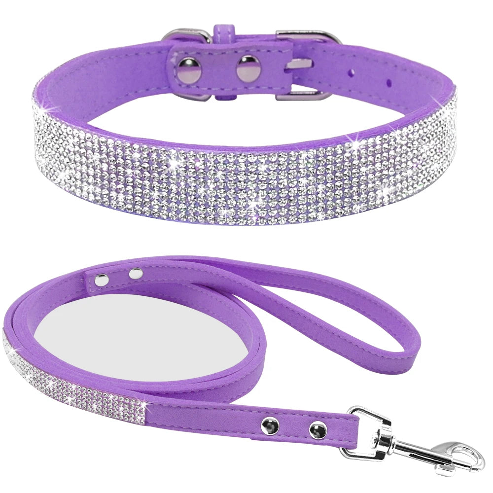 Ensemble Collier et Laisse Cuir Suédé avec Strass - Pour Chiots et Petits Chiens