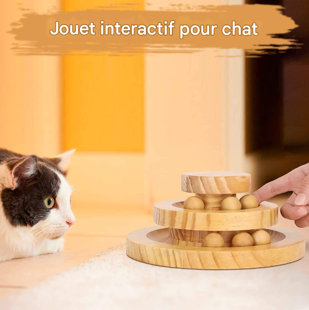 Tourniquet en Bois Massif pour Chat - Jeu de Balle Double Niveau Anti-Ennui