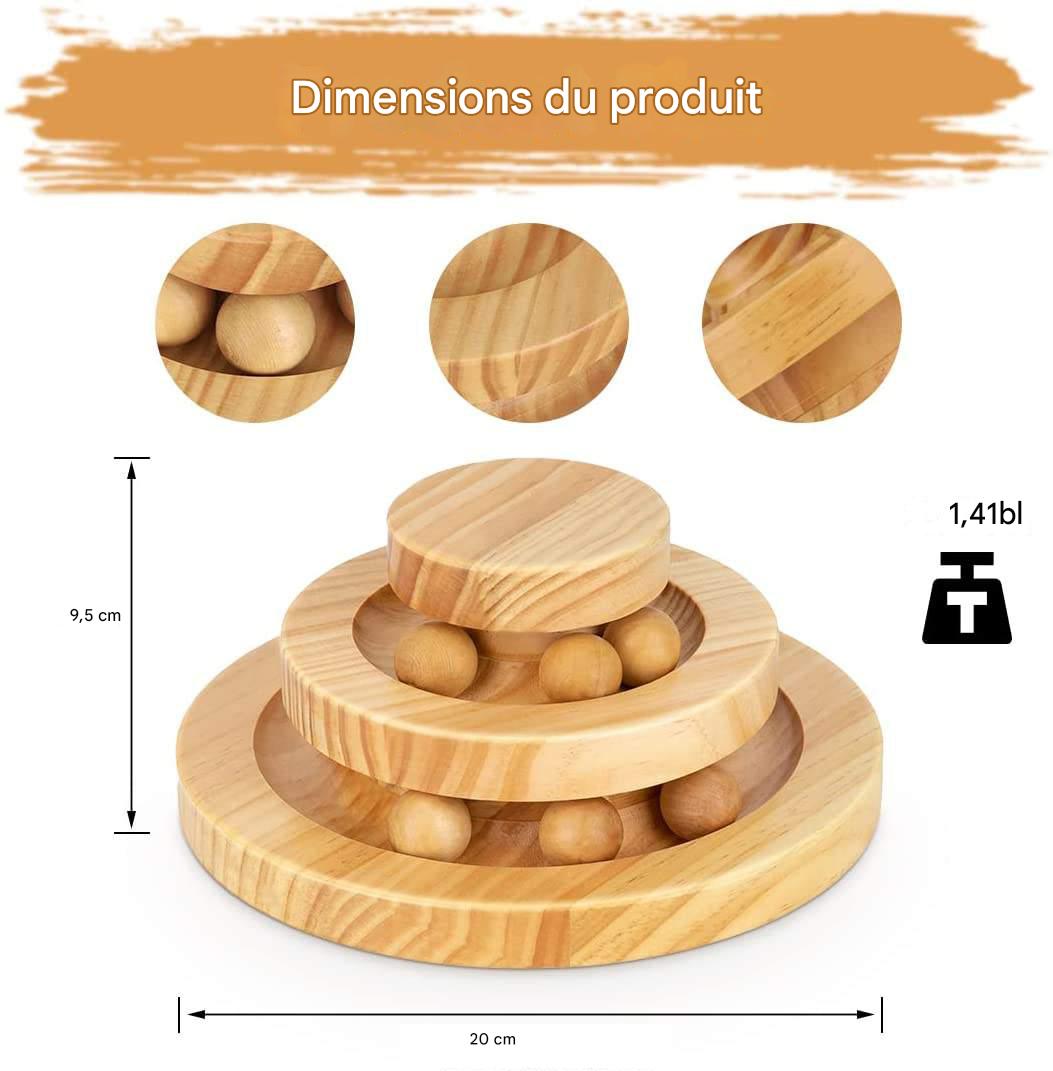 Tourniquet en Bois Massif pour Chat - Jeu de Balle Double Niveau Anti-Ennui