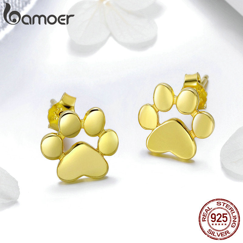 BAMOER Cat Paw Earrrings 925 Sterling Silver Animal Dog Footprints Stud Earrings for Women