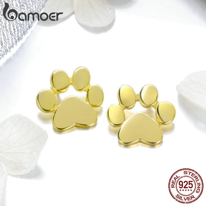 BAMOER Cat Paw Earrrings 925 Sterling Silver Animal Dog Footprints Stud Earrings for Women