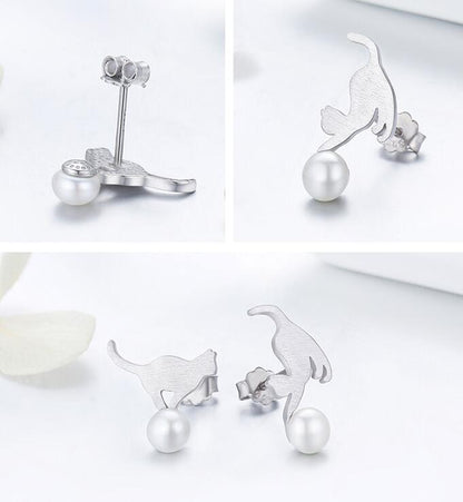 925 Sterling Silver Naughty Cat Play Ball Drop Earrings