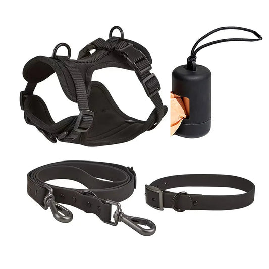 Ensemble 4 pièces imperméables de haute qualité - Distributeur de sacs, harnais, laisse et collier - Noir