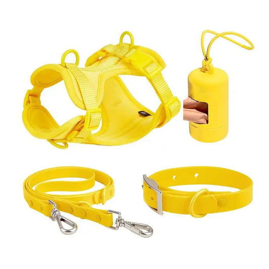 Ensemble 4 pièces imperméables de haute qualité - Distributeur de sacs, harnais, laisse et collier - Jaune