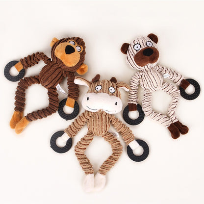 Pet plush relieves stress, is resistant to biting and grinding teeth, produces sound, and is a dog toy that cleans teeth and absorbs odors. Monkey cow shaped toy