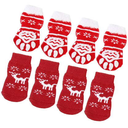 Non-Slip Dog and Cat Socks - Pack of 8 Reindeer and Snowflake Designs