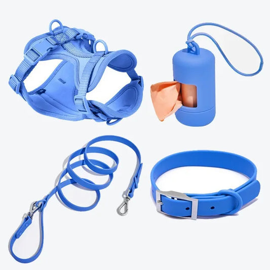 Ensemble Imperméable 4 pièces de haute qualité - Distributeur de sacs, harnais, laisse et collier Bleu