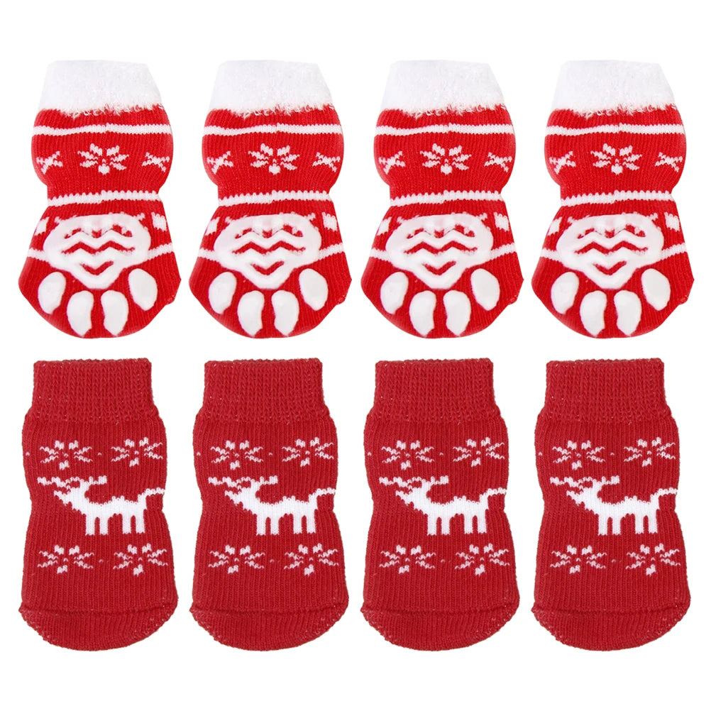 Non-Slip Dog and Cat Socks - Pack of 8 Reindeer and Snowflake Designs