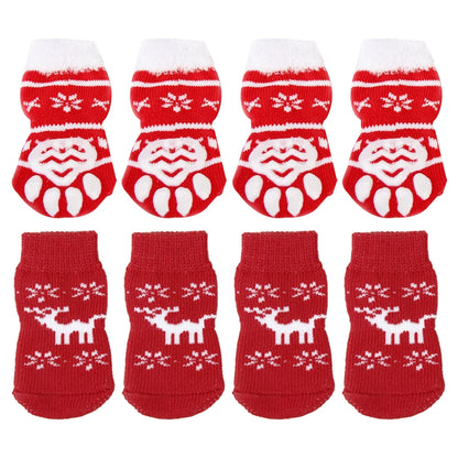 Non-Slip Dog and Cat Socks - Pack of 8 Reindeer and Snowflake Designs