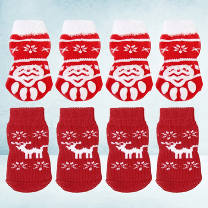 Non-Slip Dog and Cat Socks - Pack of 8 Reindeer and Snowflake Designs