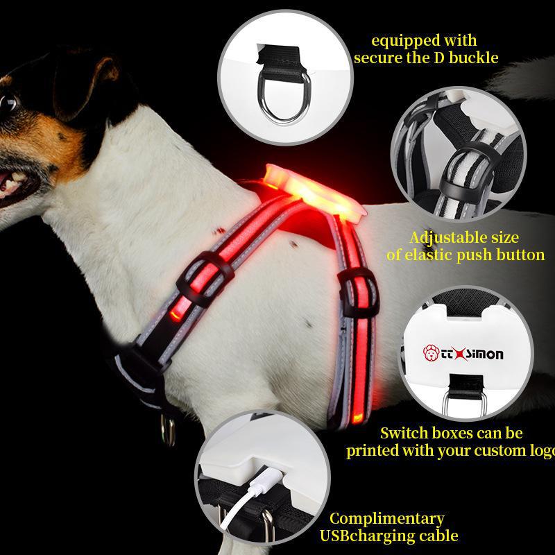 Harnais, Gilet de promenade nocturne anti-traction pour chien, taille L, M et S, avec sangle de poitrine lumineuse à DEL