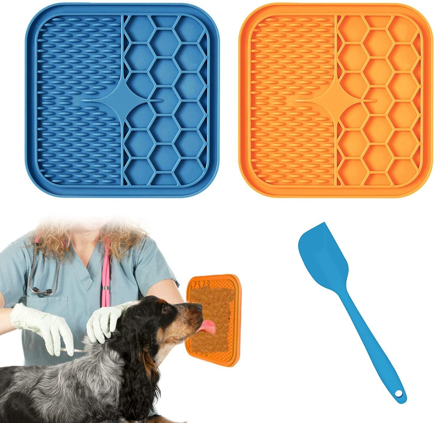 Ensemble de 2 Tapis de léchage Carré + Spatule, Multi surfaces en silicone avec ventouses 20cm x 20cm