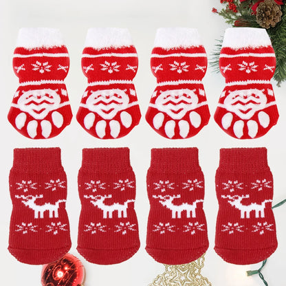 Non-Slip Dog and Cat Socks - Pack of 8 Reindeer and Snowflake Designs