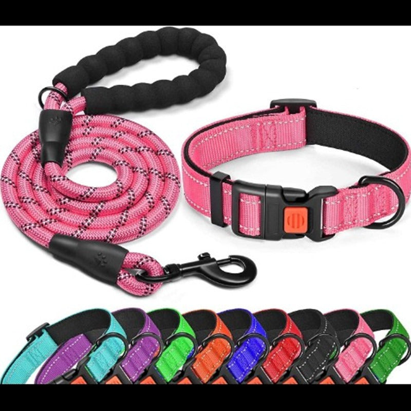 Ensemble collier et laisse pour chien en nylon réfléchissante et réglable