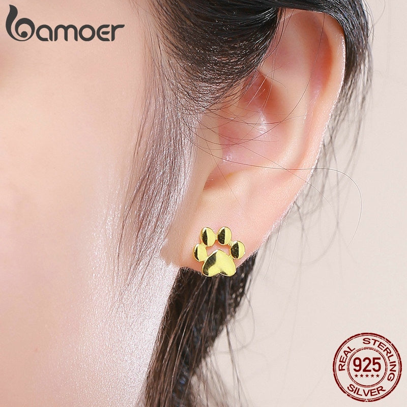 BAMOER Cat Paw Earrrings 925 Sterling Silver Animal Dog Footprints Stud Earrings for Women