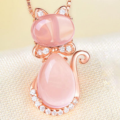 Cute Cat Ross Quartz Pink Opal Jewelry Necklace