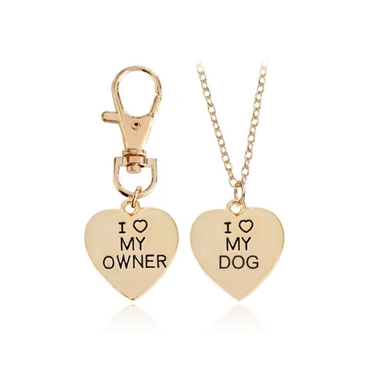 Duo Colliers et porte-clés en forme de cœur « I Love My Owner » pour chien,