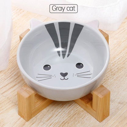 Double Ear Cartoon Ceramic Pet Bowl Bamboo Wooden Frame Matching Neck Bowl Dog Bowl Ceramic Cat Bowl