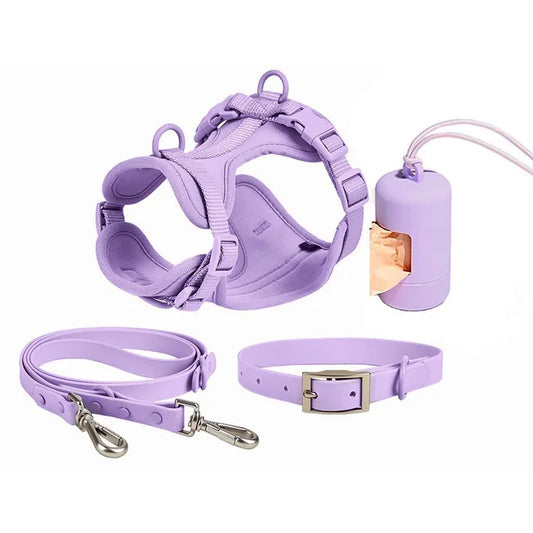 Ensemble 4 pièces imperméables de haute qualité - Distributeur de sacs à crottes, laisses, harnais et collier - Violet