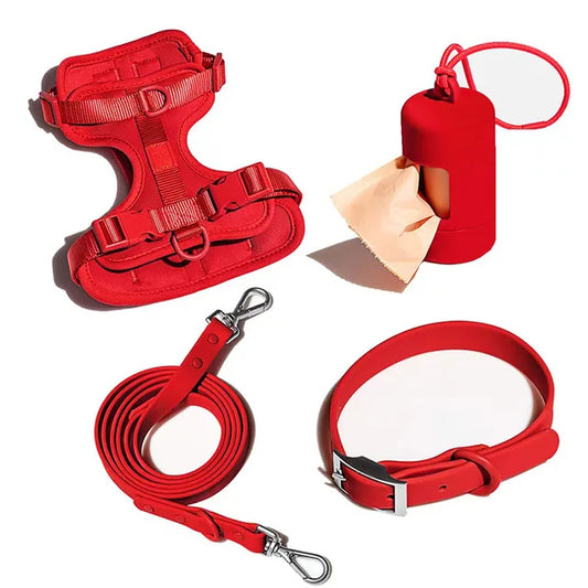 Ensembles 4 pièces imperméables de haute qualité - Distributeur de sacs, harnais, laisse et collier - Rouge