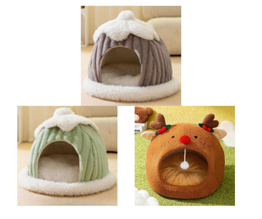 Lit pour chat en laine d'agneau - Cerf mignon - Mangoustan Gris et Vert