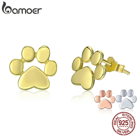BAMOER Cat Paw Earrrings 925 Sterling Silver Animal Dog Footprints Stud Earrings for Women