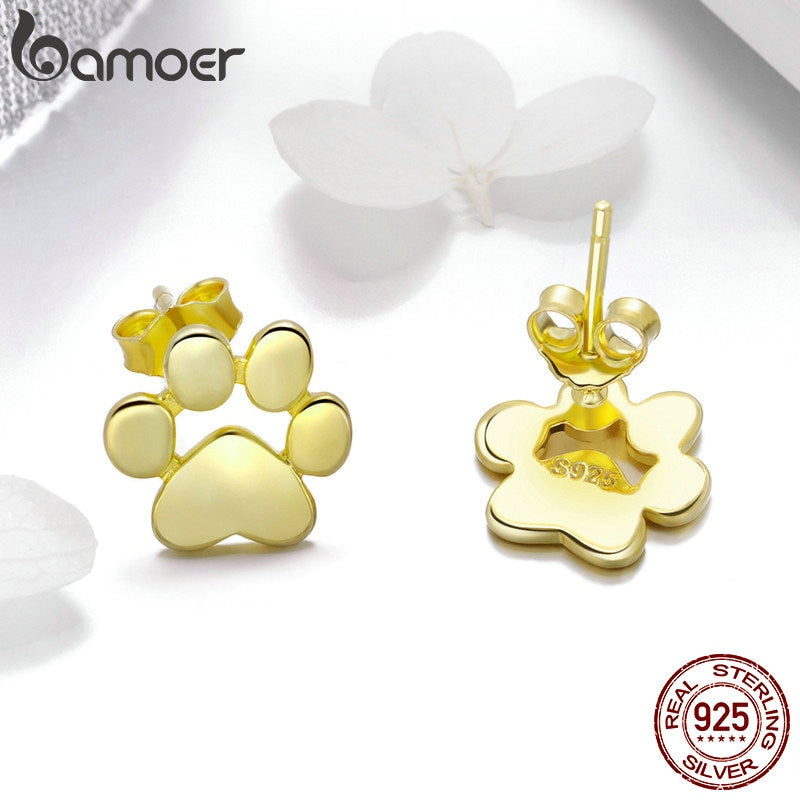 BAMOER Cat Paw Earrrings 925 Sterling Silver Animal Dog Footprints Stud Earrings for Women