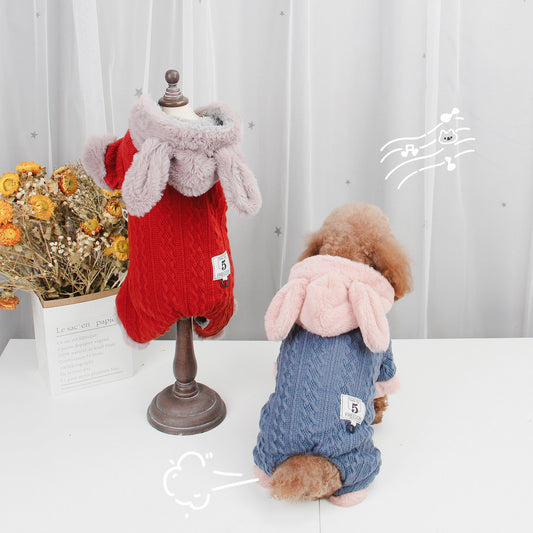 Manteau Tricoté à Oreilles de Lapin pour Chien - Vêtement Chaud 4 Pattes en Coton
