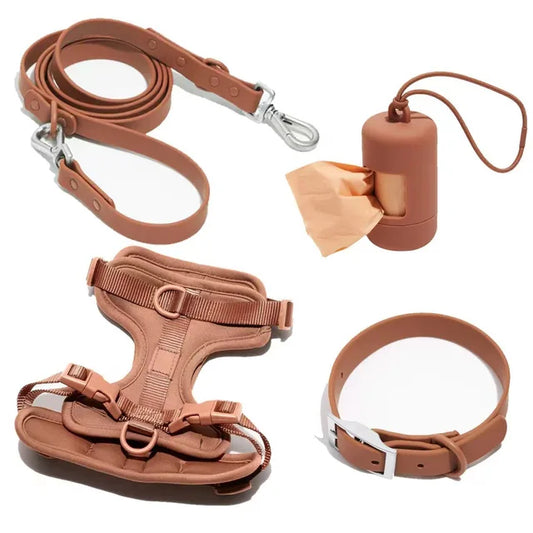 Ensemble 4 pièces imperméables de haute qualité - Distributeur de sacs, harnais, laisse et collier - Café
