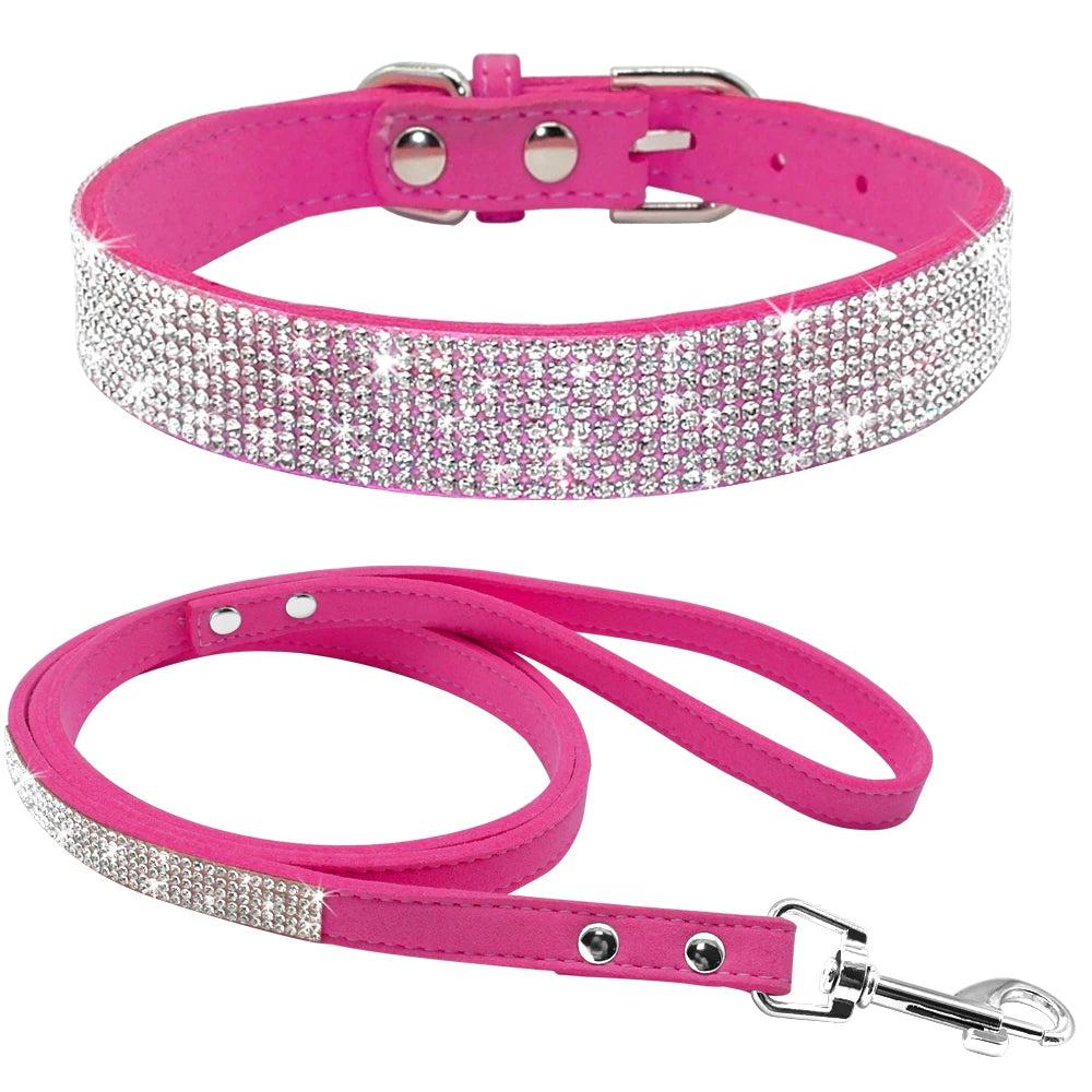 Ensemble Collier et Laisse Cuir Suédé avec Strass - Pour Chiots et Petits Chiens