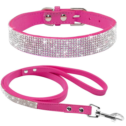 Ensemble Collier et Laisse Cuir Suédé avec Strass - Pour Chiots et Petits Chiens