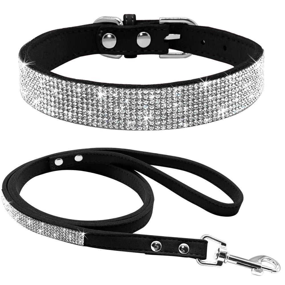 Ensemble Collier et Laisse Cuir Suédé avec Strass - Pour Chiots et Petits Chiens