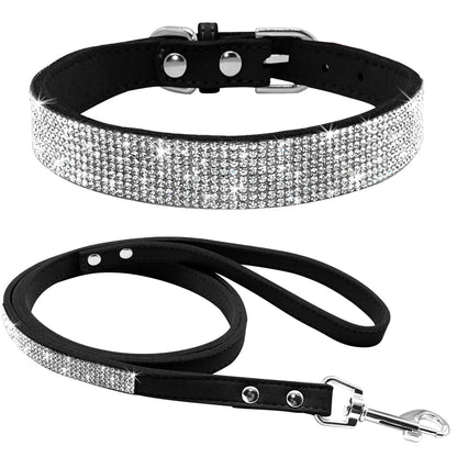 Ensemble Collier et Laisse Cuir Suédé avec Strass - Pour Chiots et Petits Chiens
