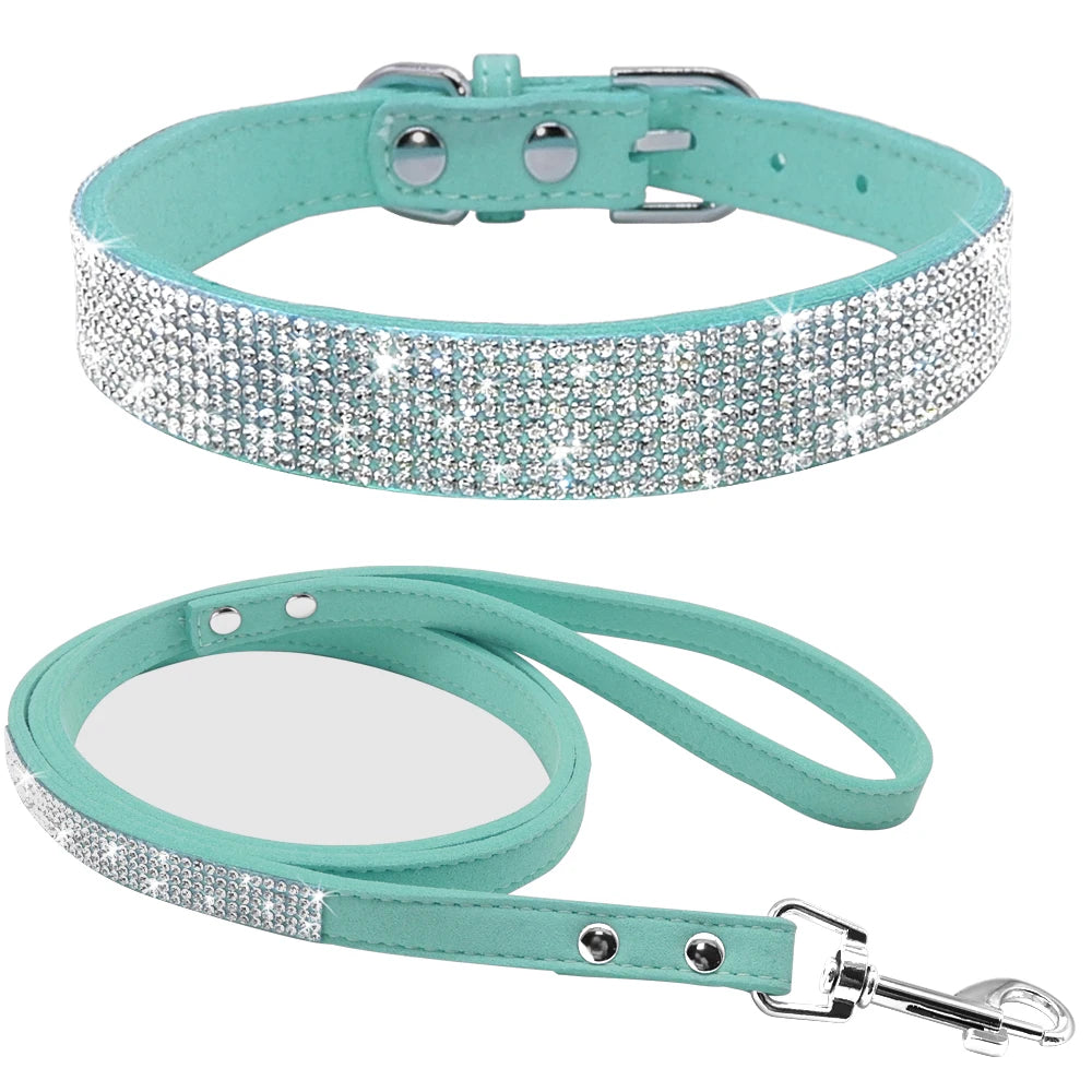 Ensemble Collier et Laisse Cuir Suédé avec Strass - Pour Chiots et Petits Chiens