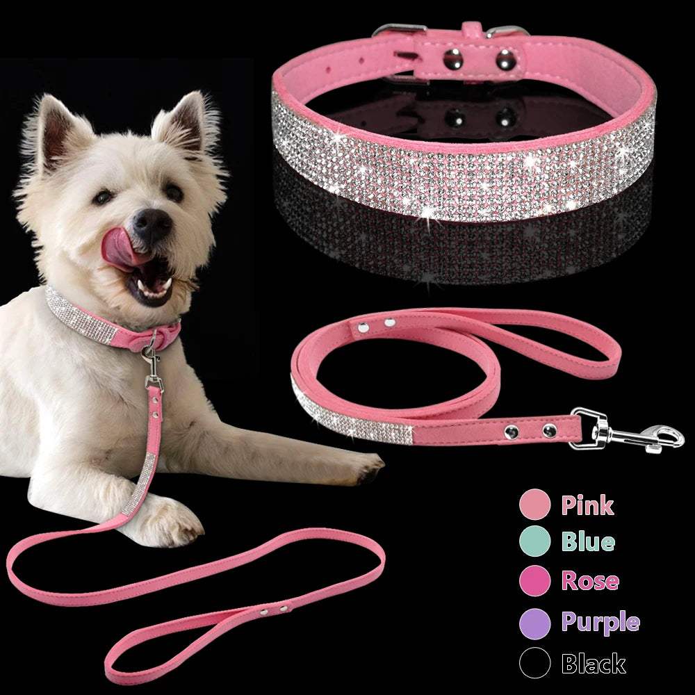 Ensemble Collier et Laisse Cuir Suédé avec Strass - Pour Chiots et Petits Chiens