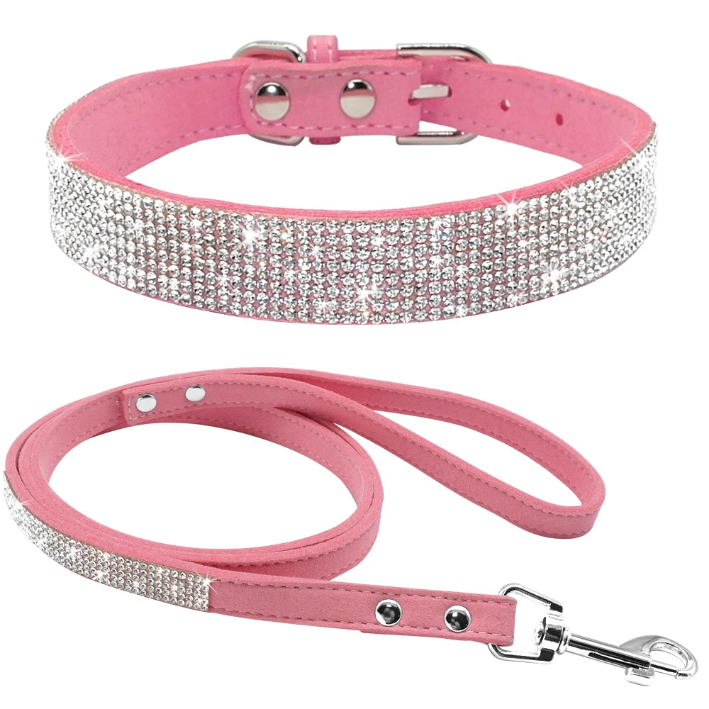 Ensemble Collier et Laisse Cuir Suédé avec Strass - Pour Chiots et Petits Chiens