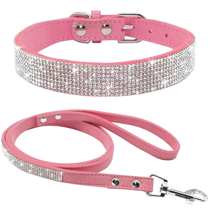 Ensemble Collier et Laisse Cuir Suédé avec Strass - Pour Chiots et Petits Chiens