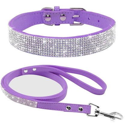 Ensemble Collier et Laisse Cuir Suédé avec Strass - Pour Chiots et Petits Chiens