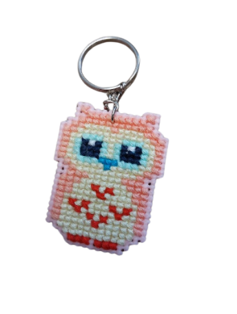 Porte-Clés en points de croix - Hiboux Rose