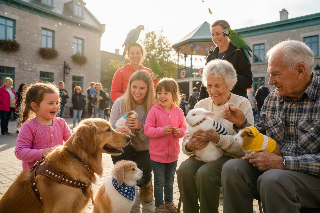 Animaux heureux avec enfants et aînés