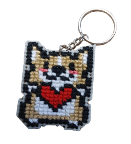 Porte-clés en points de croix - Coeur et chien Corgi
