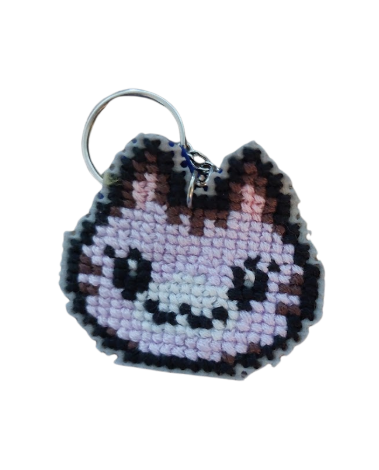 Porte-clés en points de croix - Tête de chat blanc super mignon